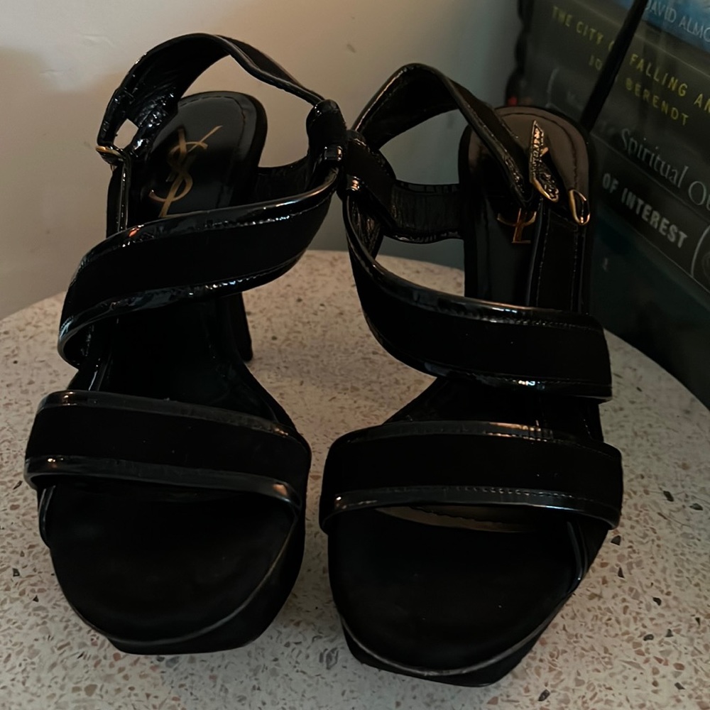 Yves Saint Laurent black leather and suede high heel sandal